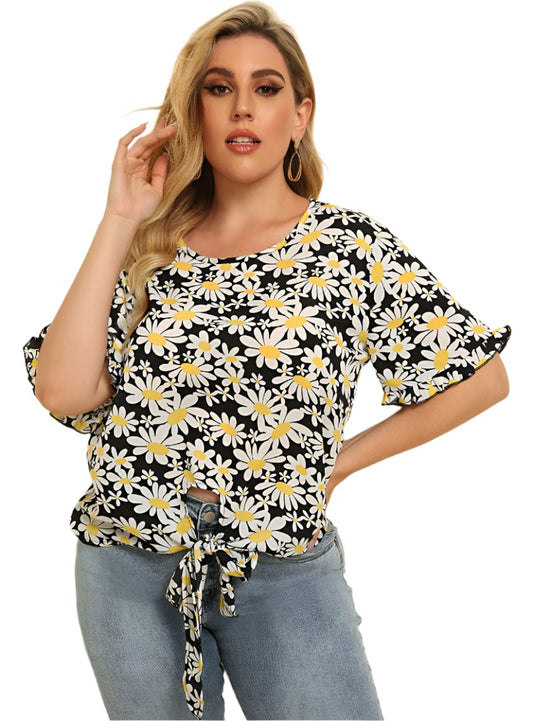 Plus Size Floral Round Neck Tie Hem Blouse - Whimsical Appalachian Boutique