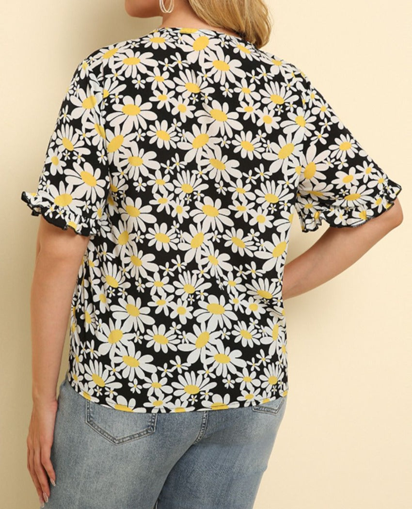 Plus Size Floral Round Neck Tie Hem Blouse - Whimsical Appalachian Boutique