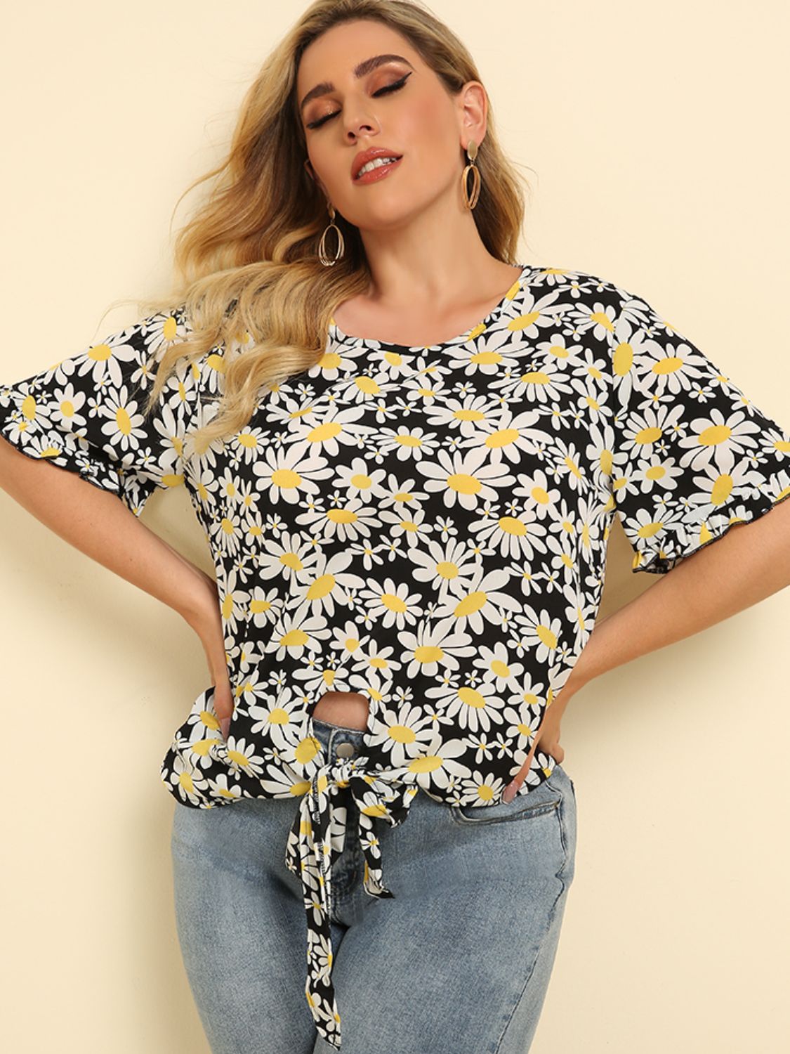 Plus Size Floral Round Neck Tie Hem Blouse - Whimsical Appalachian Boutique