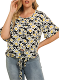 Plus Size Floral Round Neck Tie Hem Blouse - Whimsical Appalachian Boutique