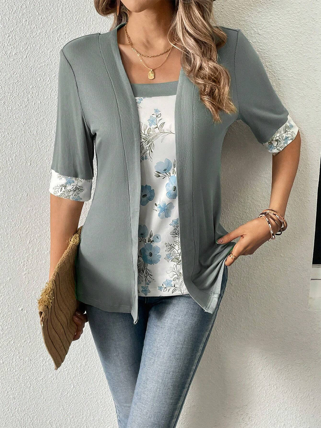 Gray Open-Front Floral Print Half Sleeve Top - Whimsical Appalachian Boutique