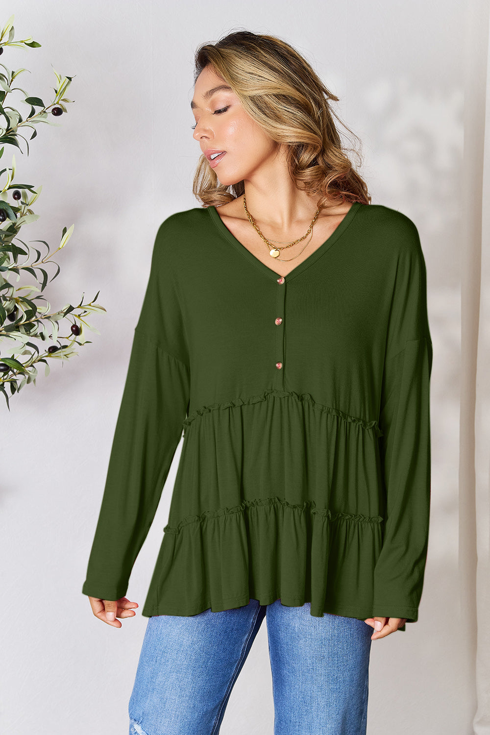 Half Button Long Sleeve Ruffle Hem Blouse - Whimsical Appalachian Boutique