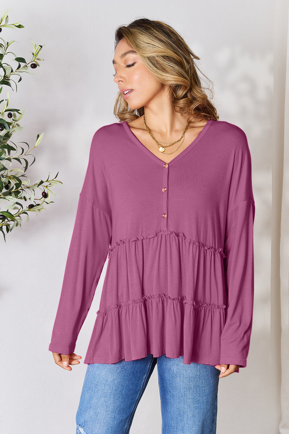 Half Button Long Sleeve Ruffle Hem Blouse - Whimsical Appalachian Boutique