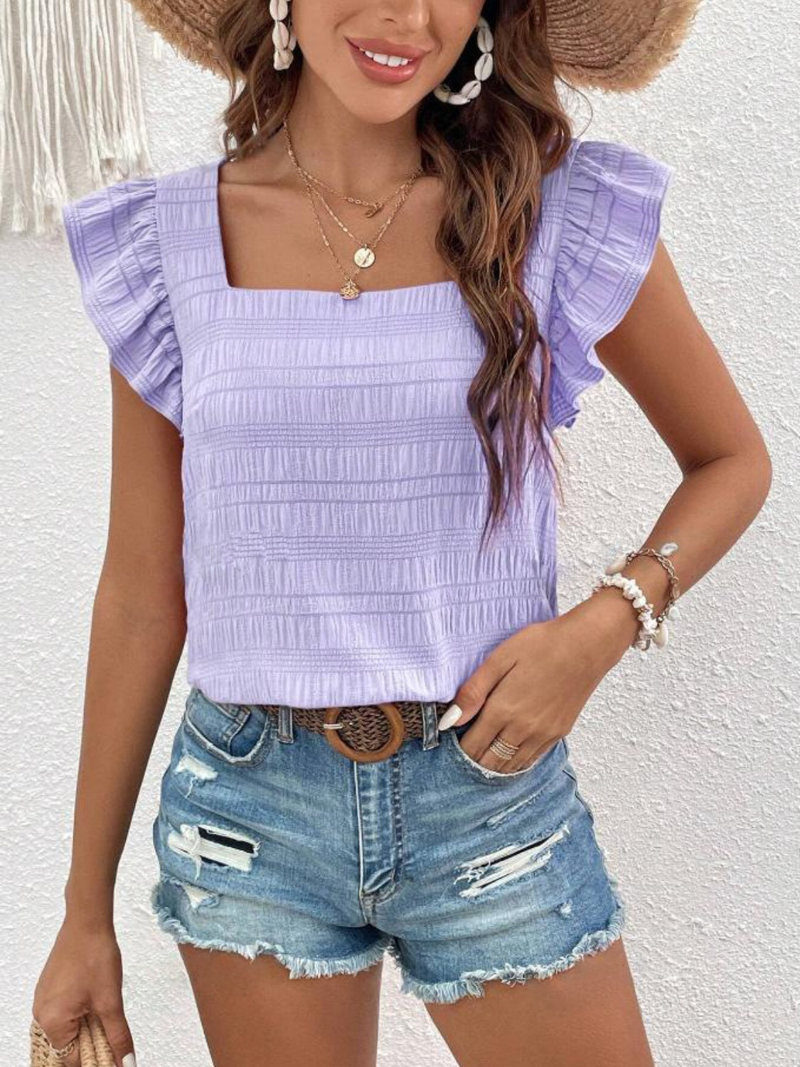 Ruffled Square Neck Cap Sleeve Blouse - Whimsical Appalachian Boutique