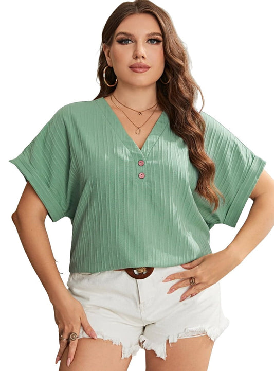 Plus Size Buttoned V-Neck Green Shirt - Whimsical Appalachian Boutique