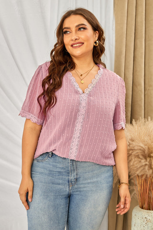 Plus Size Swiss Dot Spliced Lace V-Neck Blouse - Whimsical Appalachian Boutique