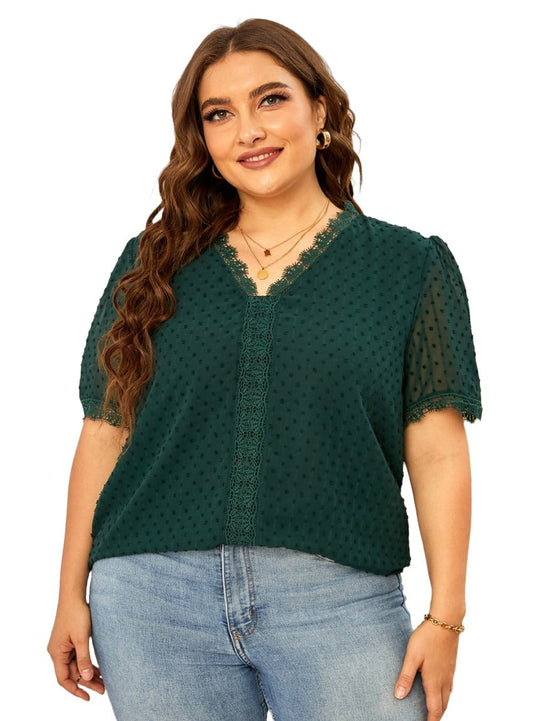 Plus Size Swiss Dot Spliced Lace V-Neck Blouse - Whimsical Appalachian Boutique