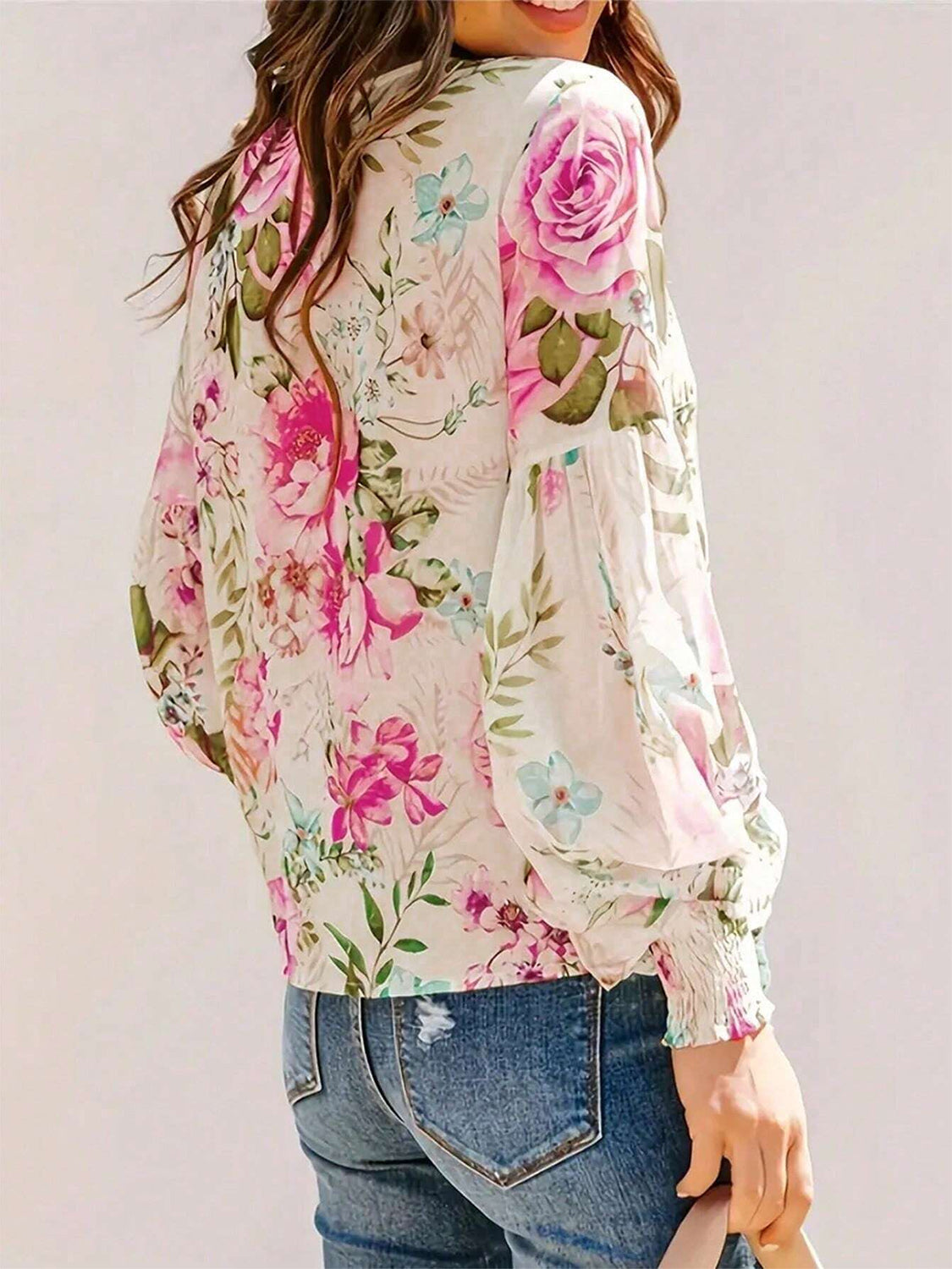 Floral Button Down Lantern Sleeve Shirt