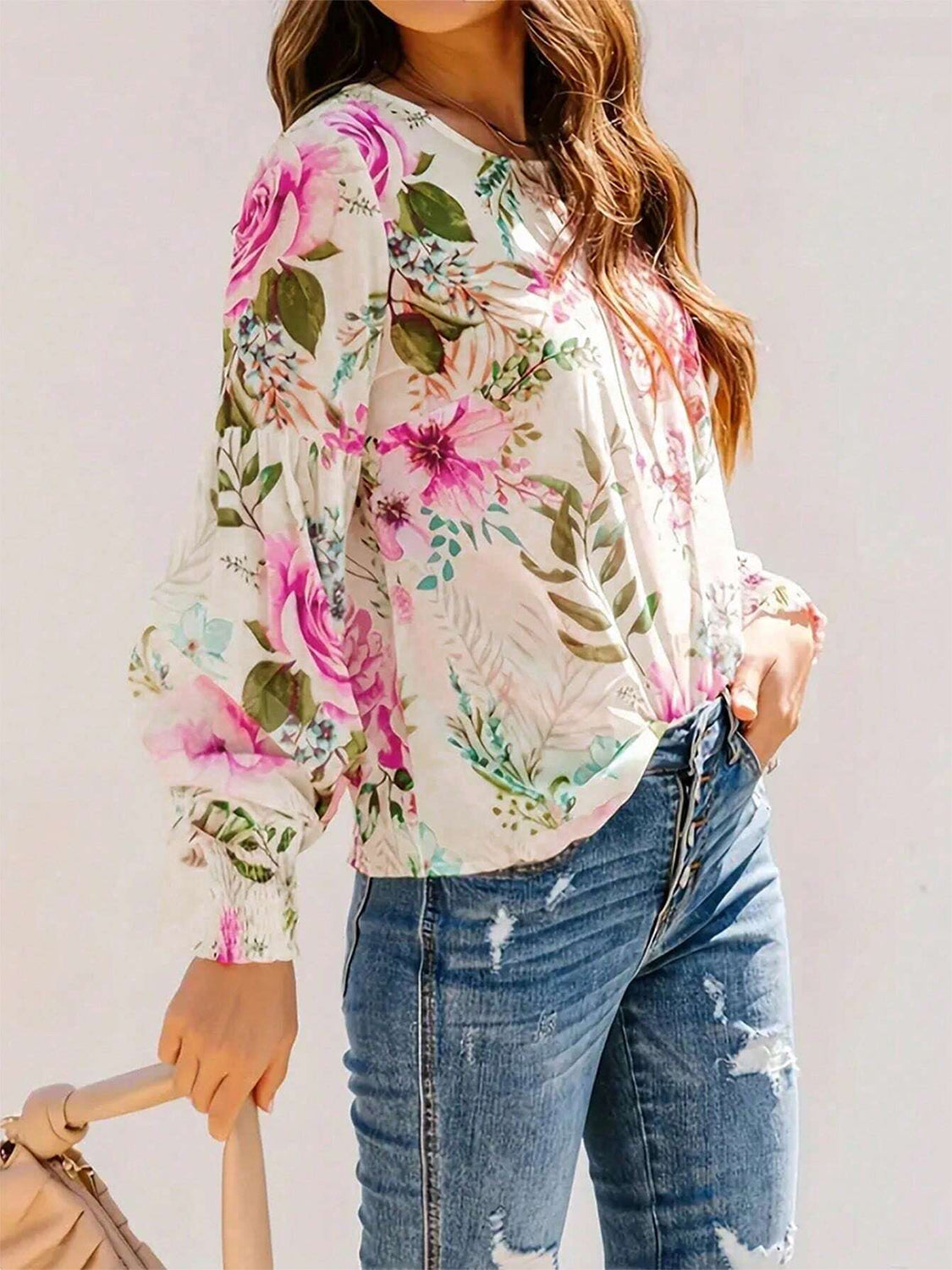 Floral Button Down Lantern Sleeve Shirt