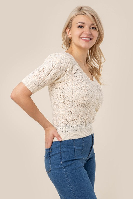 Short Sleeve V-Neck Crochet Knit Top - Whimsical Appalachian Boutique