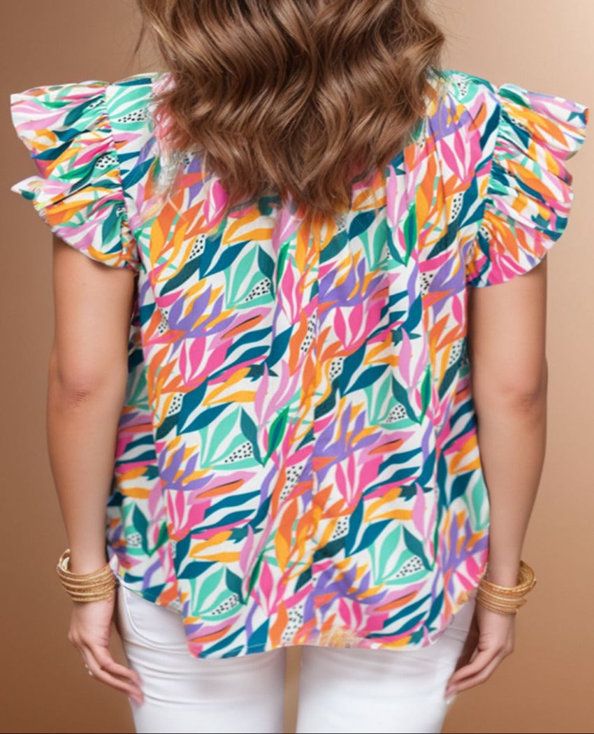 Printed Round Neck Cap Sleeve Blouse - Whimsical Appalachian Boutique