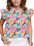 Printed Round Neck Cap Sleeve Blouse - Whimsical Appalachian Boutique