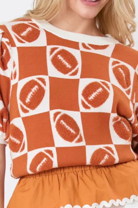 Checkerboard Football Puff Sleeve Sweater