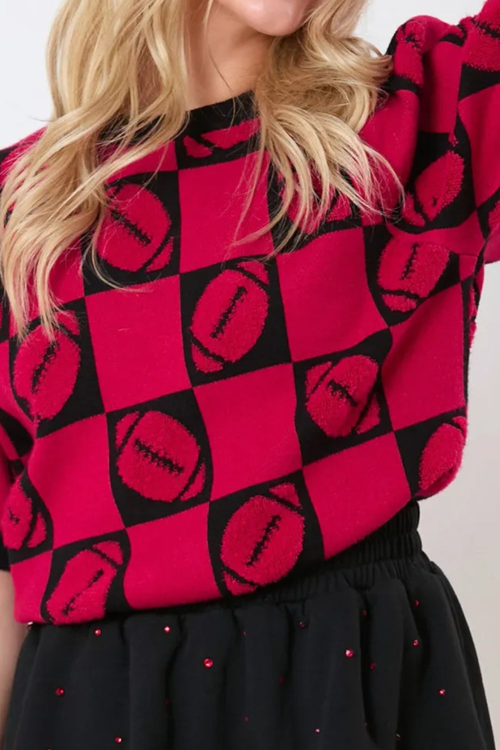 Checkerboard Football Puff Sleeve Sweater