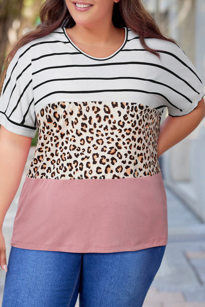 Plus Size Striped Leopard Half Sleeve T-Shirt - Whimsical Appalachian Boutique