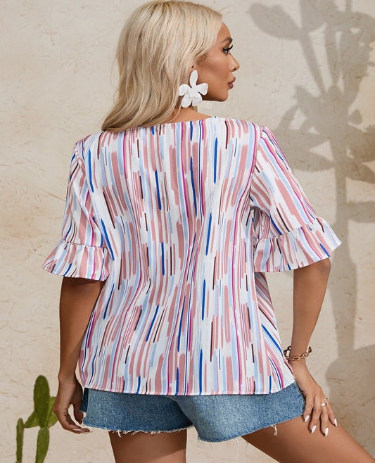 Abstract Printed Flounce Sleeve Blouse