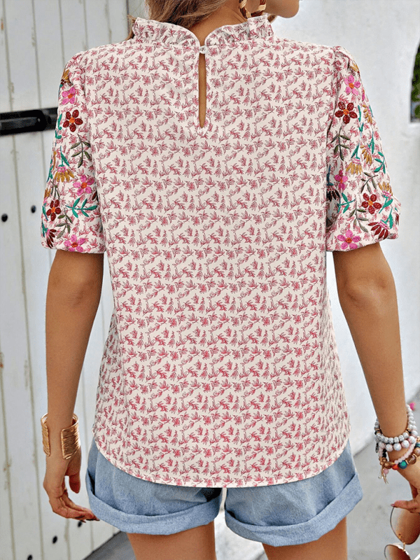 High Neck Printed Embroidered Shirt - Whimsical Appalachian Boutique