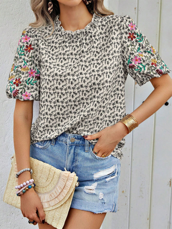 High Neck Printed Embroidered Shirt - Whimsical Appalachian Boutique