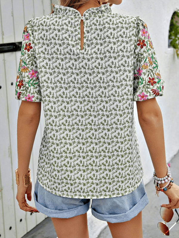 High Neck Printed Embroidered Shirt - Whimsical Appalachian Boutique