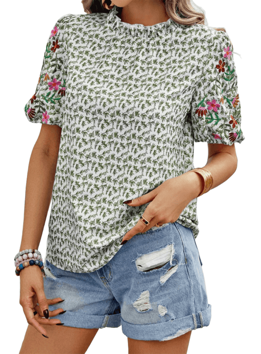 High Neck Printed Embroidered Shirt - Whimsical Appalachian Boutique