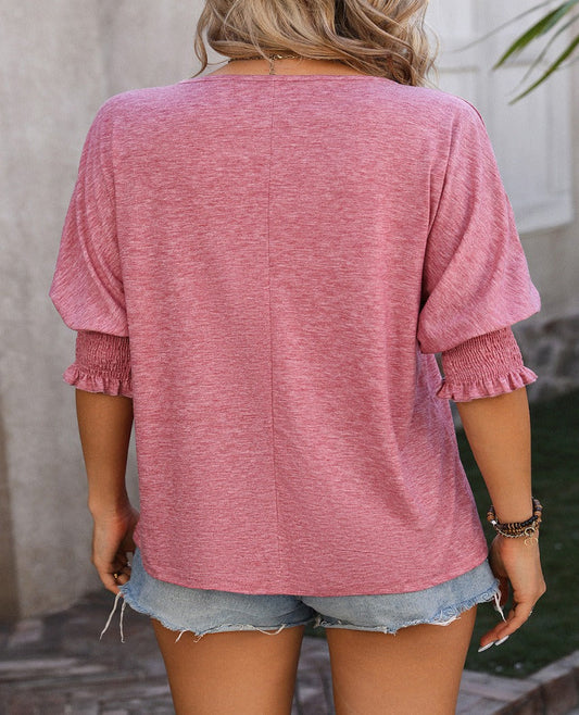 Notched Neck Lantern Sleeve Blouse - Whimsical Appalachian Boutique