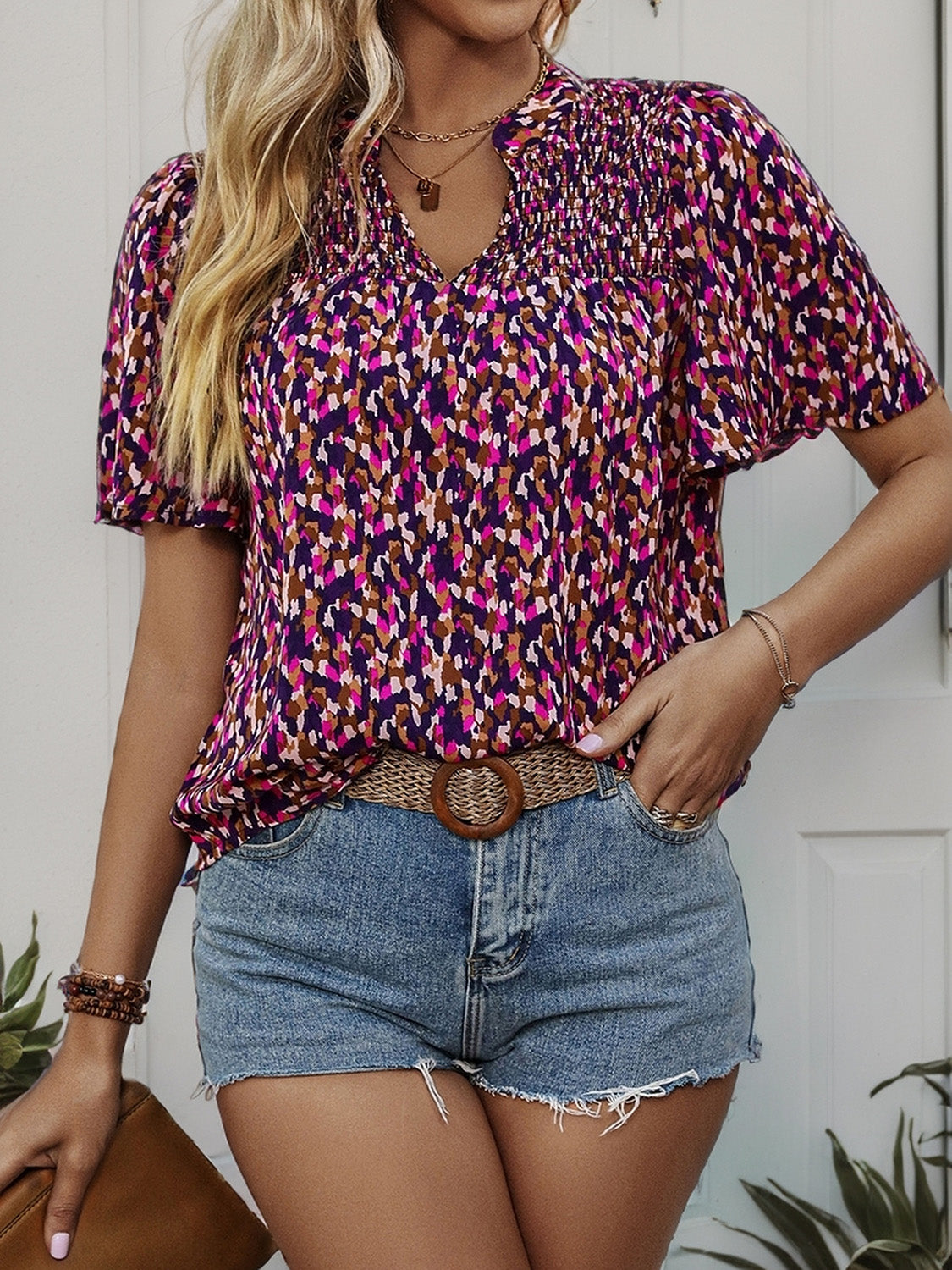 Printed Notched Flutter Sleeve Blouse - Whimsical Appalachian Boutique