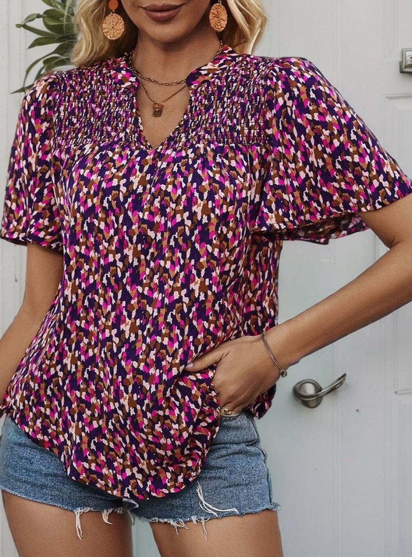 Printed Notched Flutter Sleeve Blouse - Whimsical Appalachian Boutique