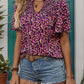 Printed Notched Flutter Sleeve Blouse - Whimsical Appalachian Boutique