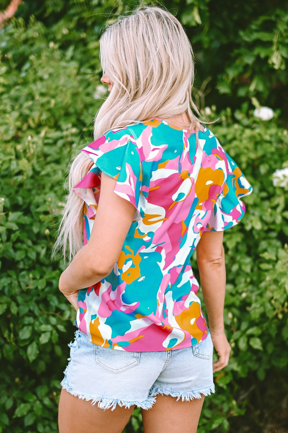 Ruffled Printed Notched Cap Sleeve Blouse - Whimsical Appalachian Boutique