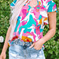 Ruffled Printed Notched Cap Sleeve Blouse - Whimsical Appalachian Boutique