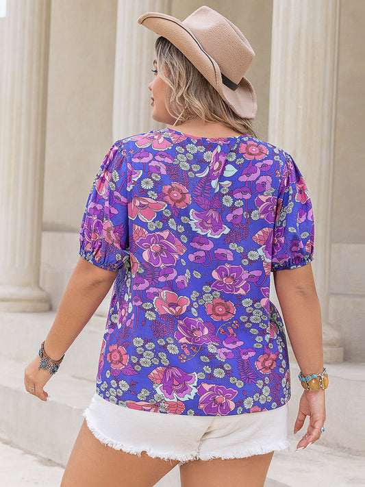 Plus Size Notched Neck Floral Print Blouse - Whimsical Appalachian Boutique