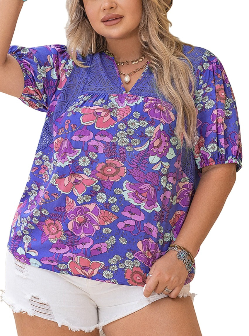 Plus Size Notched Neck Floral Print Blouse - Whimsical Appalachian Boutique