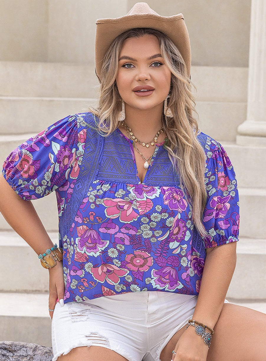 Plus Size Notched Neck Floral Print Blouse - Whimsical Appalachian Boutique