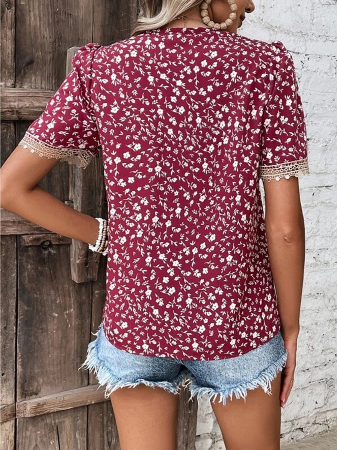 Full Size Printed V-Neck Short Sleeve Blouse - Whimsical Appalachian Boutique