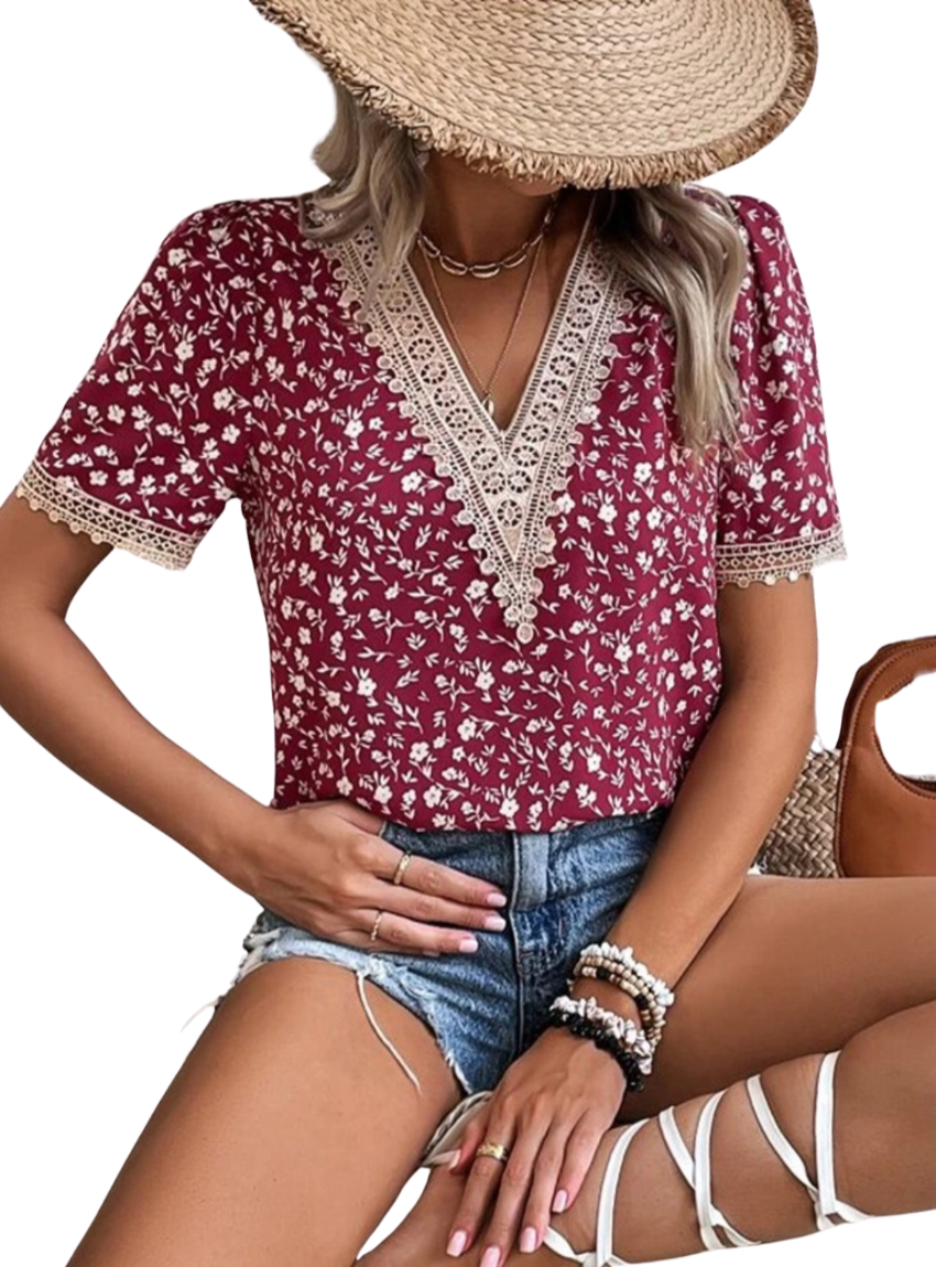 Full Size Printed V-Neck Short Sleeve Blouse - Whimsical Appalachian Boutique