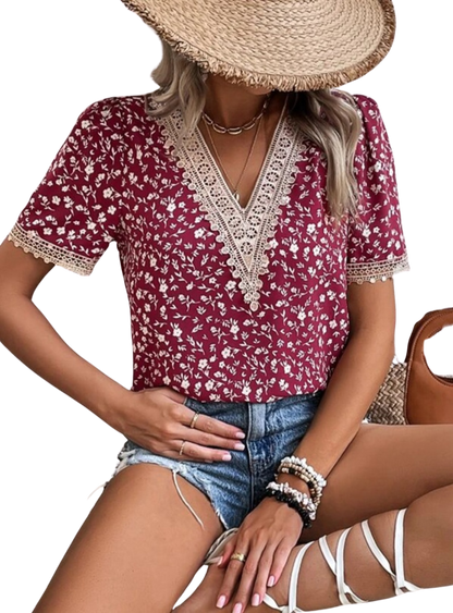 Full Size Printed V-Neck Short Sleeve Blouse - Whimsical Appalachian Boutique