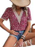 Full Size Printed V-Neck Short Sleeve Blouse - Whimsical Appalachian Boutique