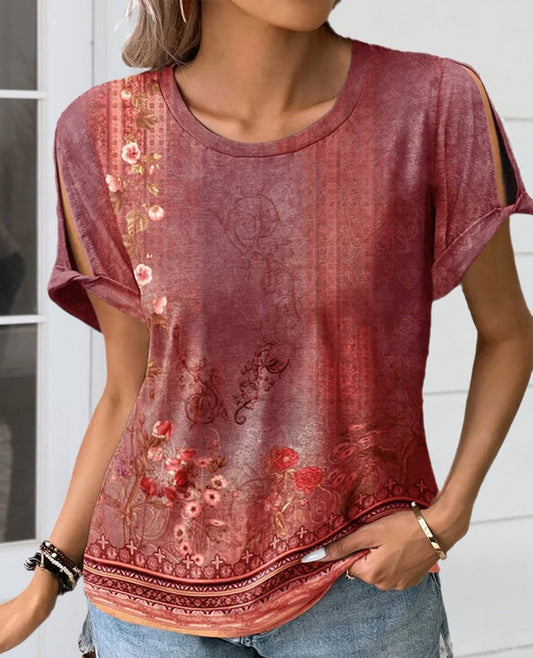 Cutout Printed Round Neck Short Sleeve Blouse - Whimsical Appalachian Boutique