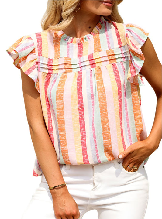 Ruffled Striped Round Neck Cap Sleeve Blouse - Whimsical Appalachian Boutique