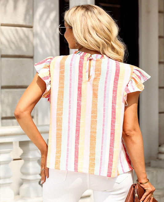 Ruffled Striped Round Neck Cap Sleeve Blouse - Whimsical Appalachian Boutique