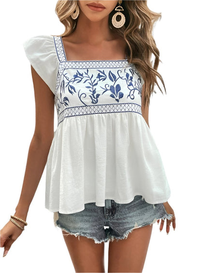 Embroidered Square Neck Cap Sleeve Blouse - Whimsical Appalachian Boutique