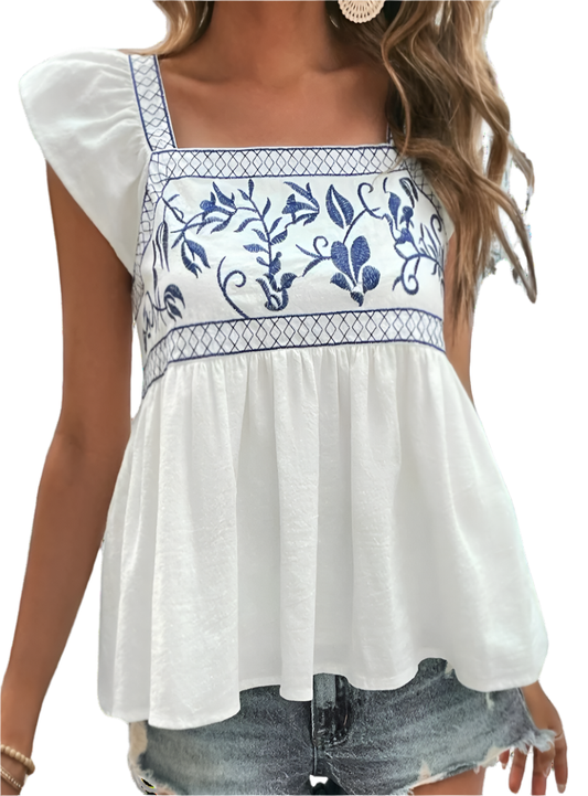 Embroidered Square Neck Cap Sleeve Blouse - Whimsical Appalachian Boutique