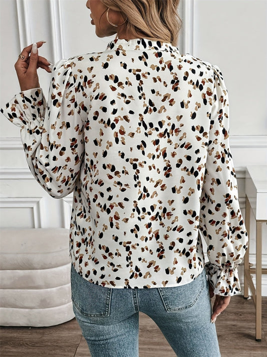 Printed Notched Flounce Sleeve Mock Neck Blouse