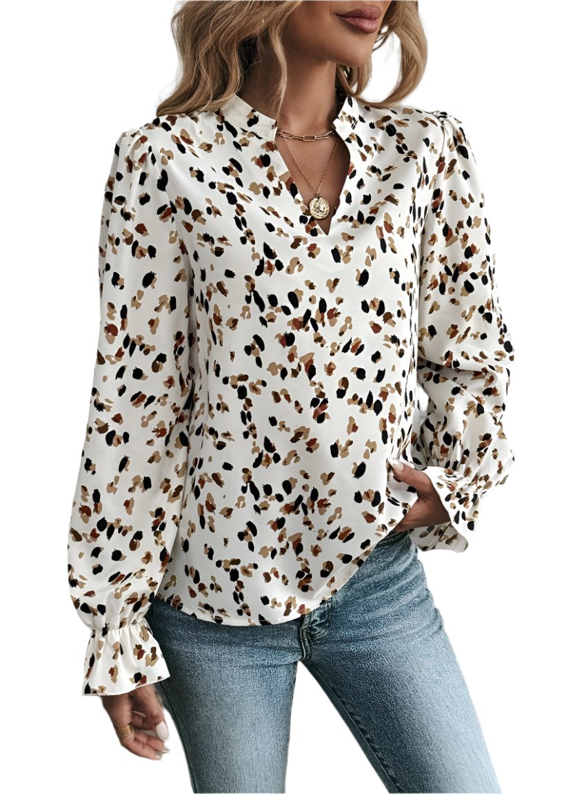 Printed Notched Flounce Sleeve Mock Neck Blouse