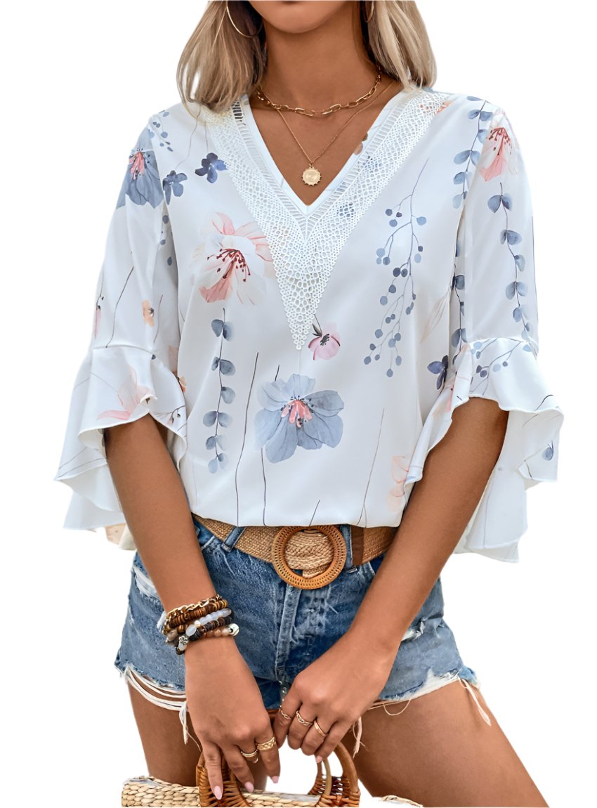 Ruffle Sleeve Printed V-Neck Blouse - Whimsical Appalachian Boutique