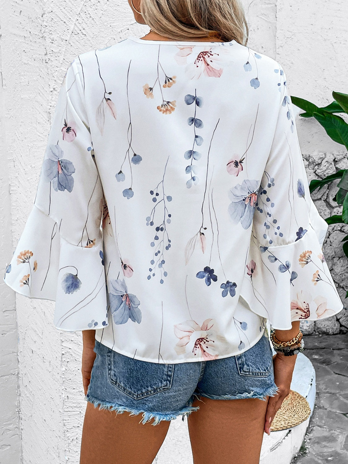 Ruffle Sleeve Printed V-Neck Blouse - Whimsical Appalachian Boutique