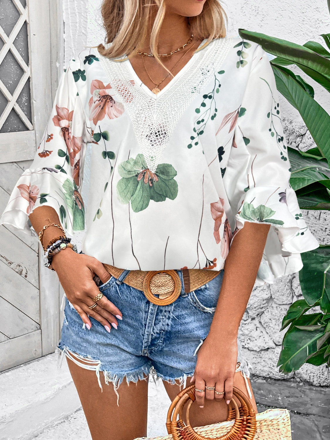 Ruffle Sleeve Printed V-Neck Blouse - Whimsical Appalachian Boutique