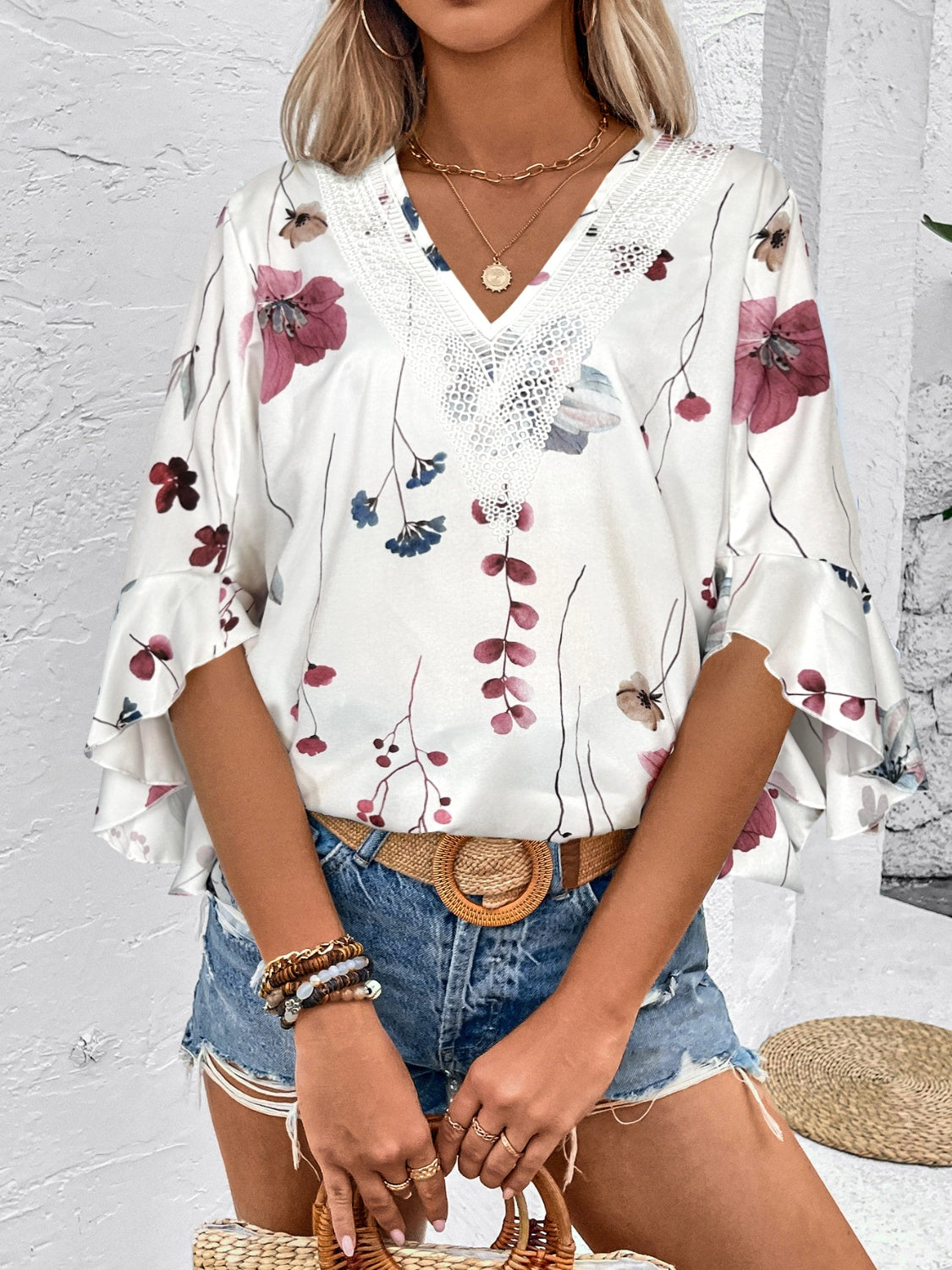 Ruffle Sleeve Printed V-Neck Blouse - Whimsical Appalachian Boutique