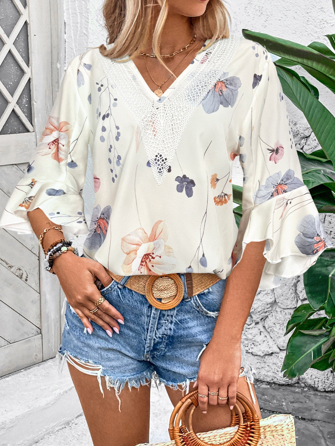 Ruffle Sleeve Printed V-Neck Blouse - Whimsical Appalachian Boutique