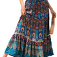 Front view of a blue bohemian printed patchwork maxi skirt with intricate details.
